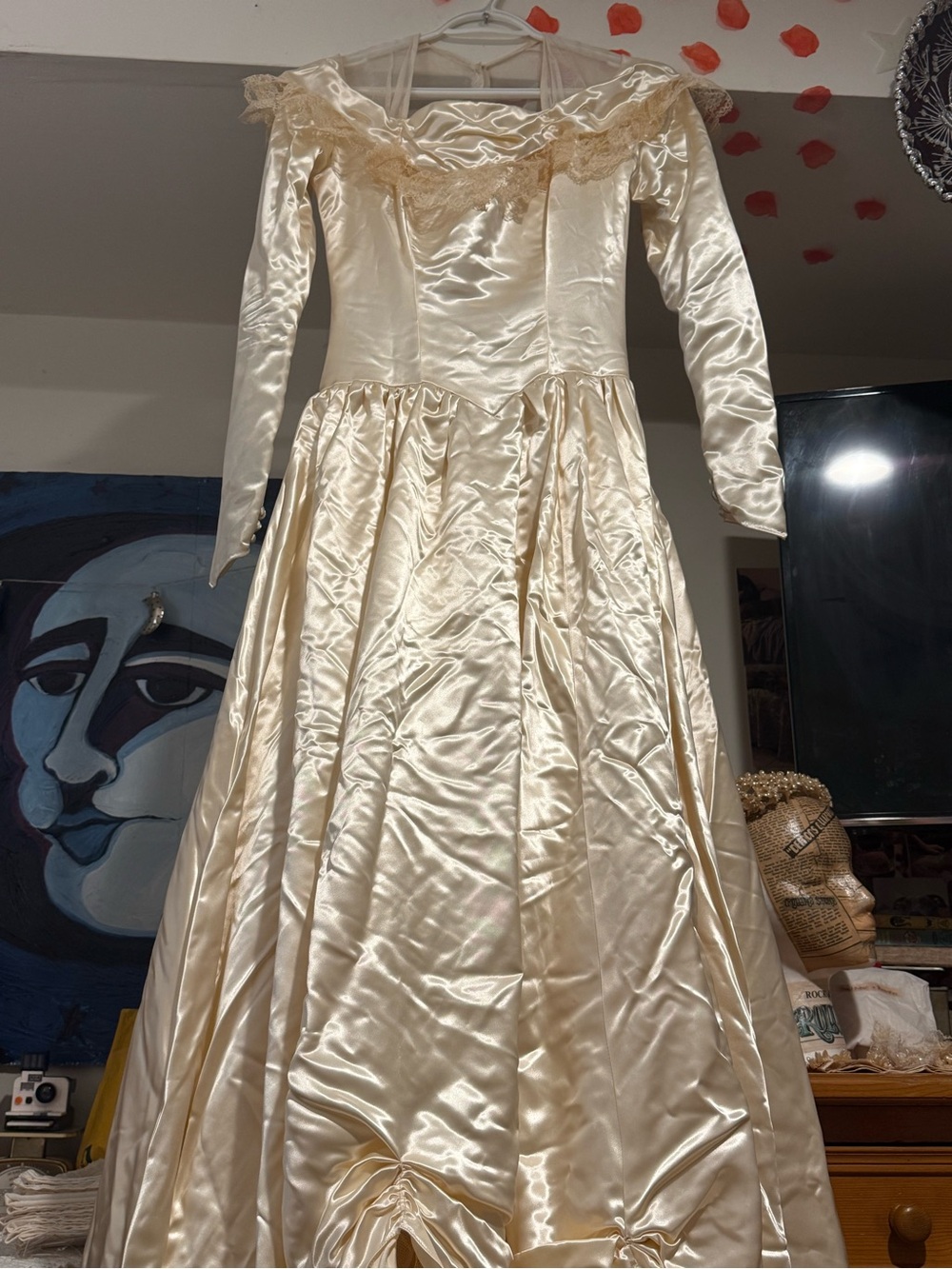 1930/40’s Ecru Ivory Satin Wedding Dress w/ Pearlized Floral Crown and Rosettes - Picture 1 of 14